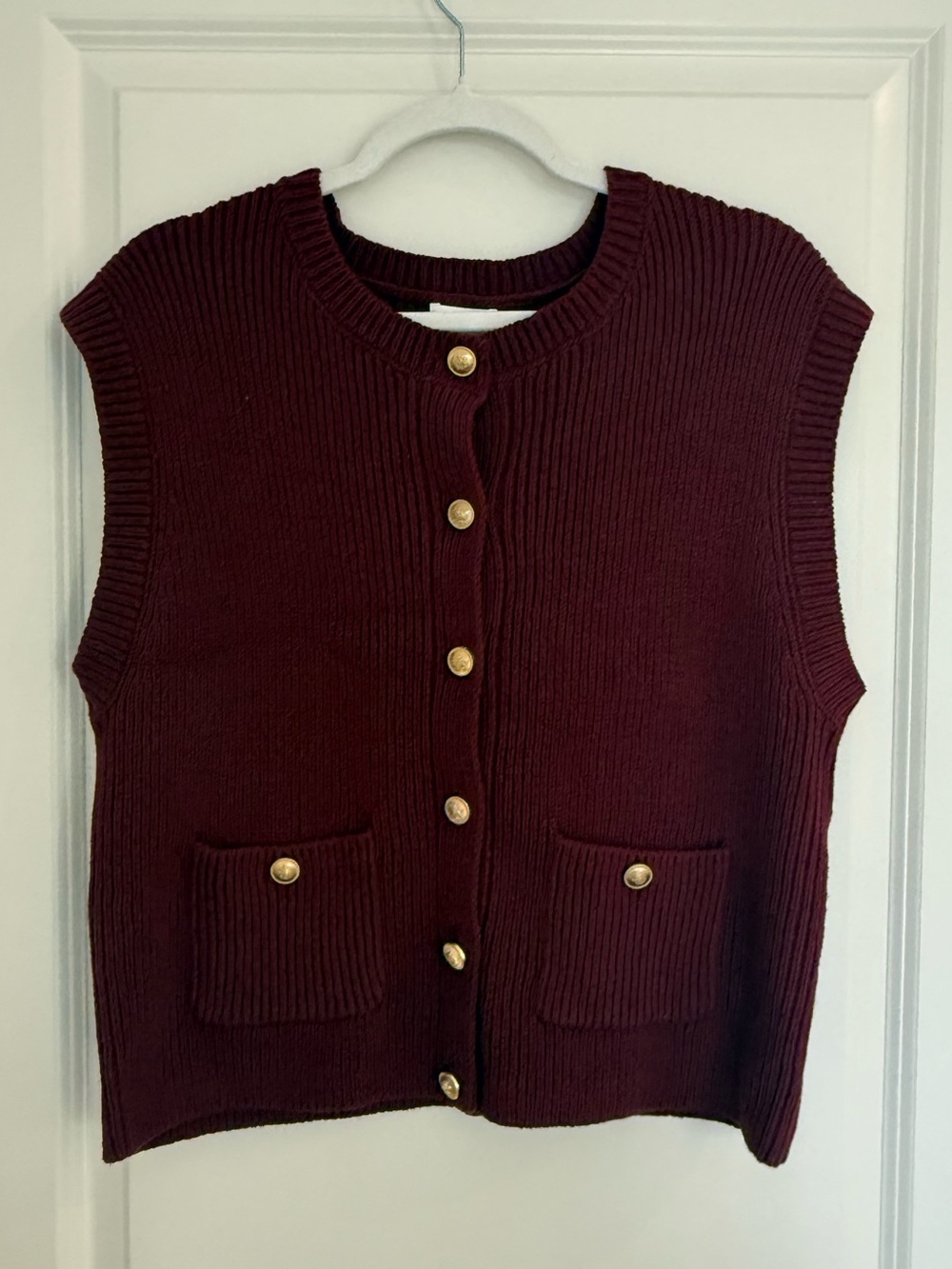 Song of Style Ribbed Sleeveless Cardigan Vest in Burgundy with Gold Buttons-NWT